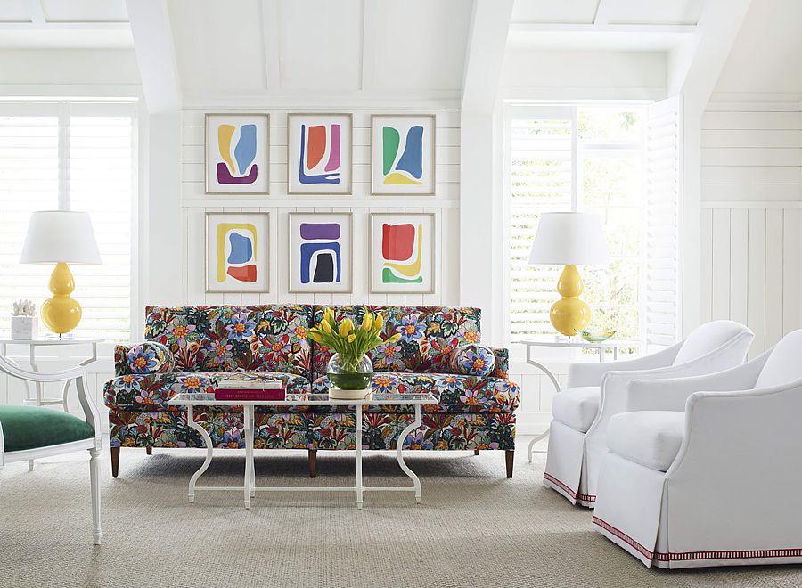 A floral sofa adds a touch of tradition to this contemporary living room