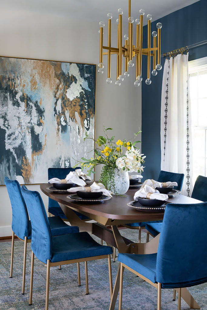 Above is a small dining area in a waterfront home, so a coastal color palette was a natural choice.