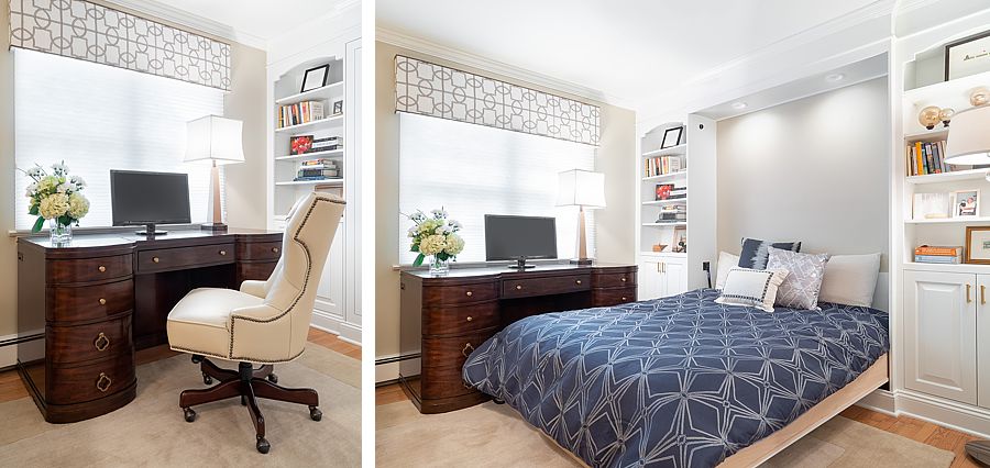 Combine a Murphy bed with your home office. An uncluttered way to have the best functionality.
